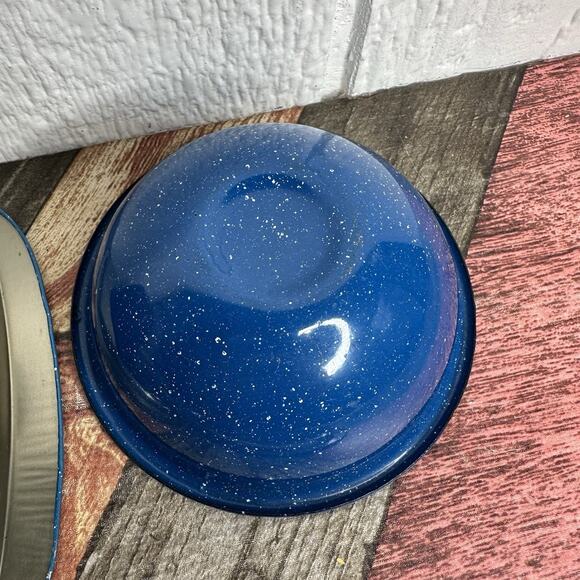 Set of 7 Vintage Blue Speckled Enamelware Graniteware Camp Cup Bowls & Trays - Picture 9 of 13